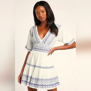 Lulus Gone to Greece White Embroidered Short Sleeve Mini Dress Size L Bohemian